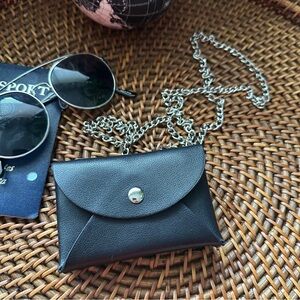 Urban Outfitters Black Faux Leather Chain Crossbody Double Sided Card Wallet